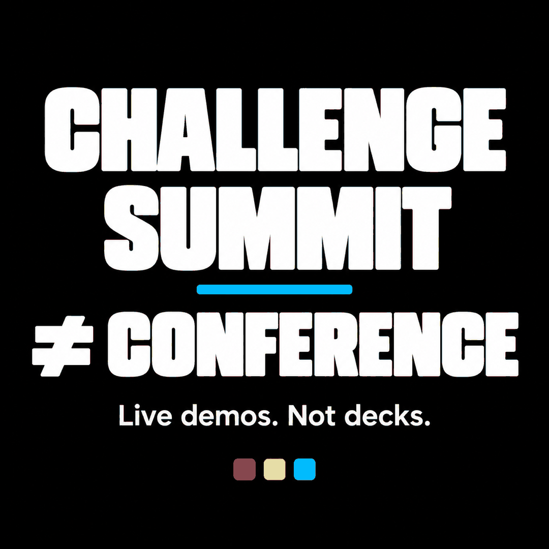 LinkedIn graphic: CHALLENGE SUMMIT ≠ CONFERENCE — Lottery Innovation Summit live demos not decks