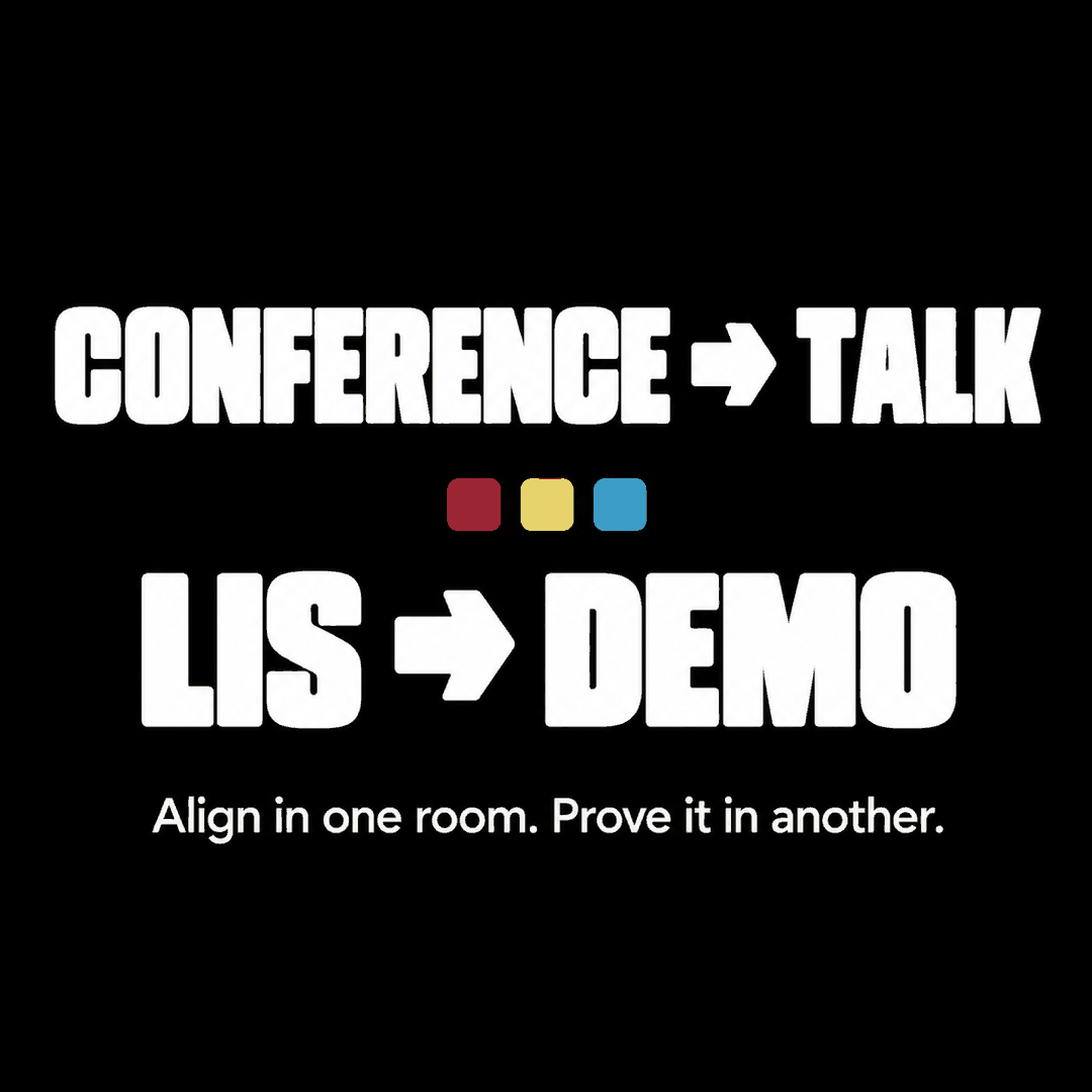LinkedIn graphic: CONFERENCE → TALK / LIS → DEMO — align in one room prove it in another at Lottery Innovation Summit