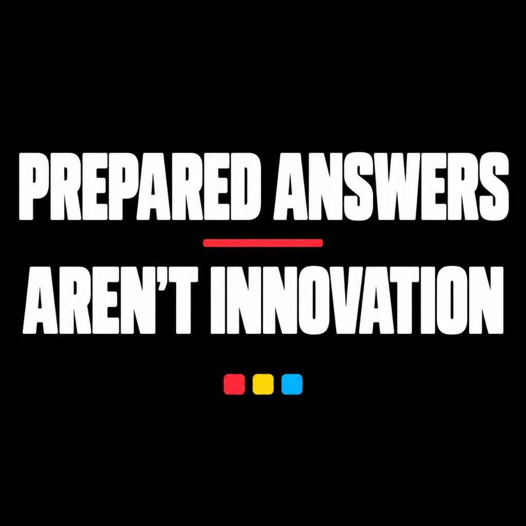LinkedIn graphic: PREPARED ANSWERS AREN’T INNOVATION — lottery conference scripted Q&A is theater not innovation