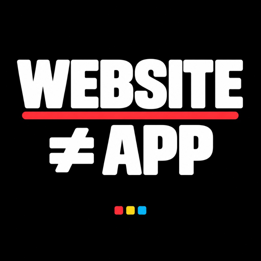LinkedIn graphic: WEBSITE ≠ APP — lottery digital products should be modern apps not brochure websites
