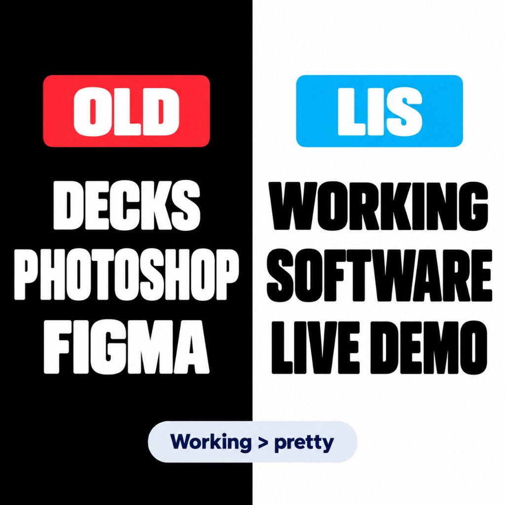 LinkedIn graphic comparing OLD decks Photoshop Figma versus LIS working software live demo