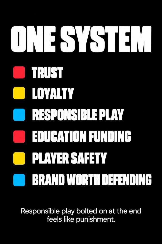LinkedIn graphic ONE SYSTEM: trust loyalty responsible play education funding player safety brand worth defending