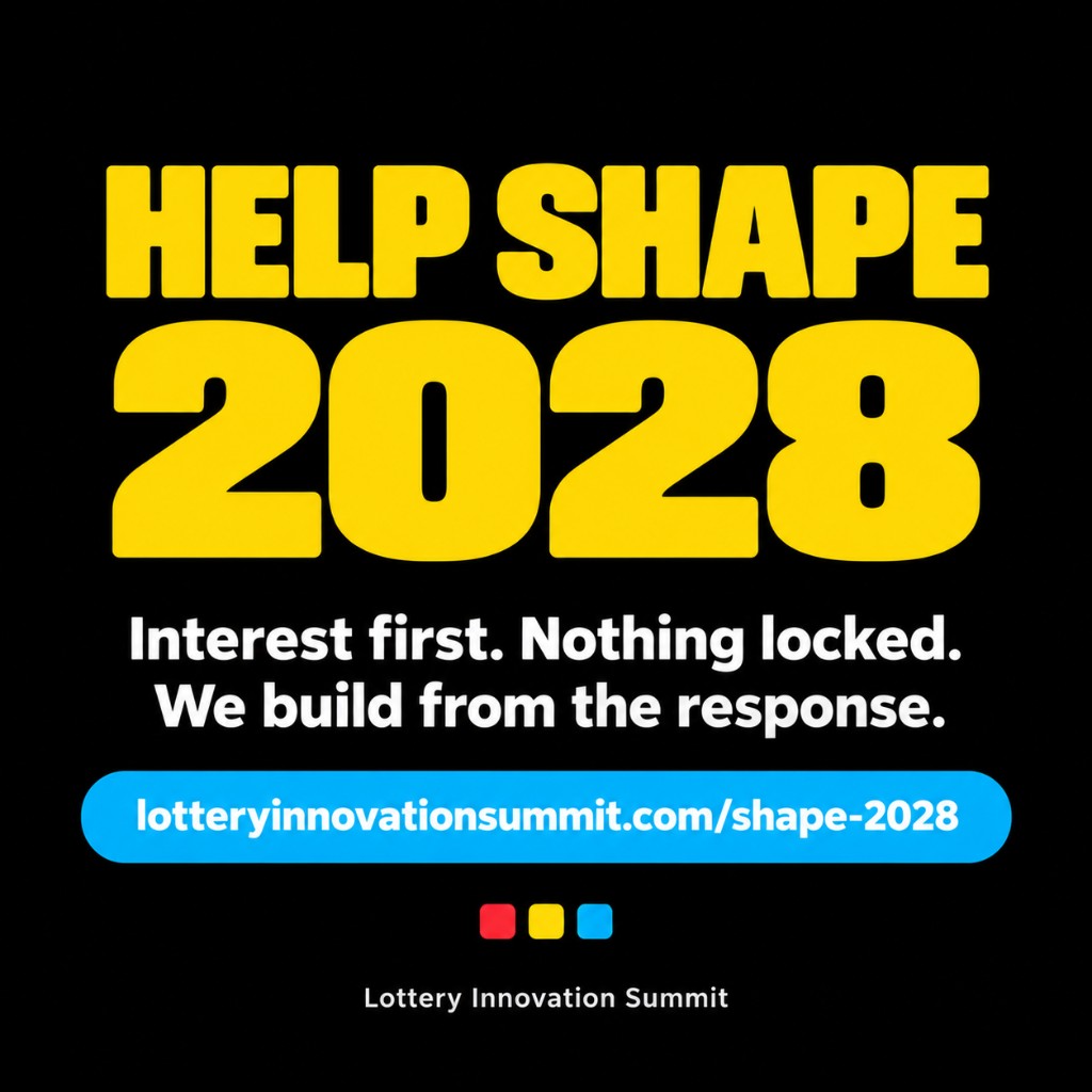 LinkedIn CTA graphic: Help shape 2028 — announcement list — lotteryinnovationsummit.com/shape-2028